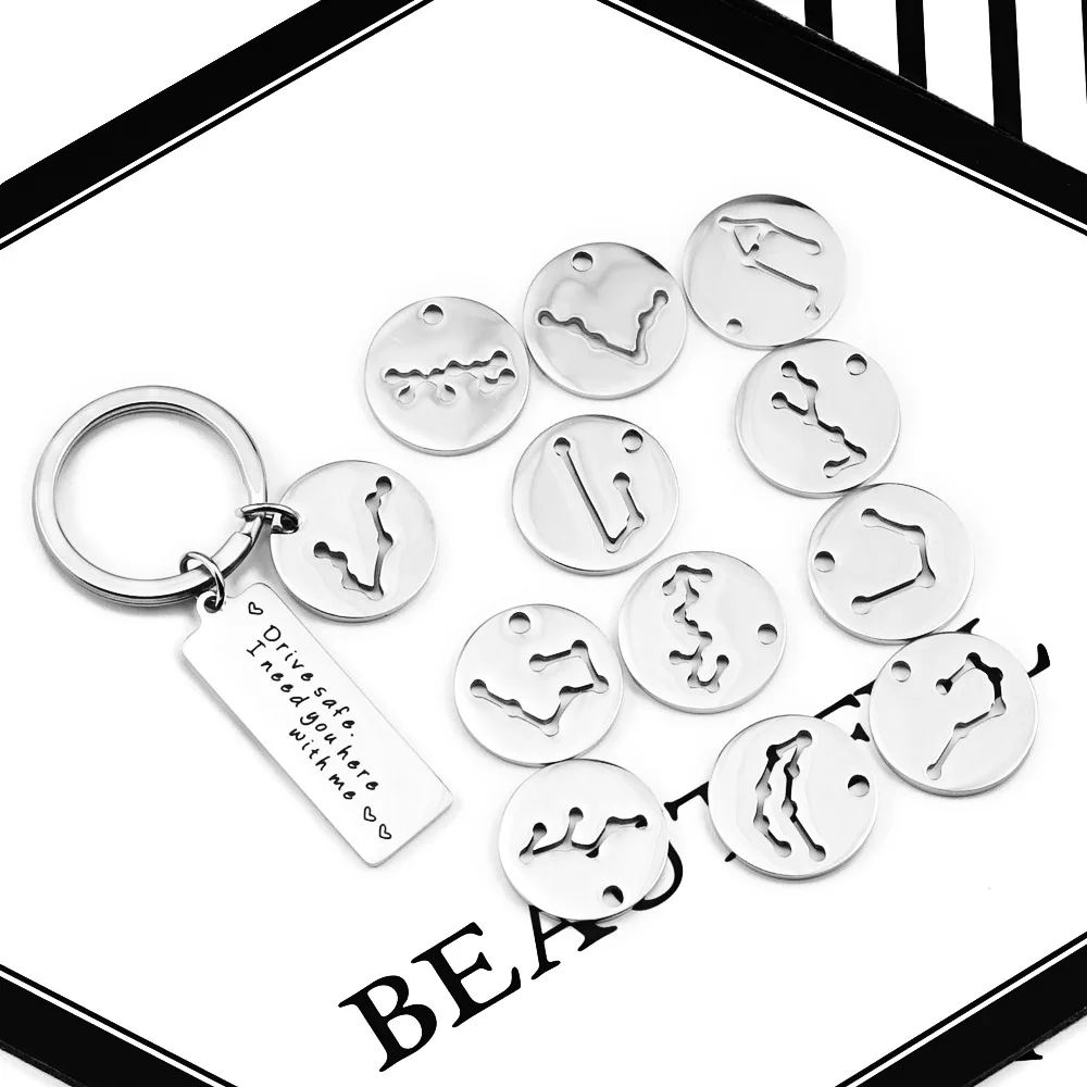 12 constellations Keyring Gifts Engraved Drive safe i need you here with me Keychain Stainless Steel Car keychain Pendant | Украшения и