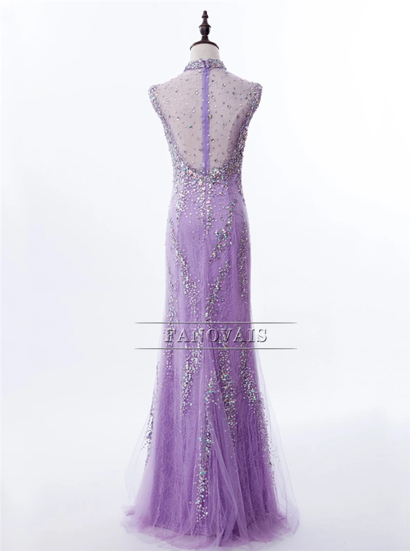 Real Made Lilac Prom Dresses Long High Neck Luxury Crystal Beaded Mermaid Evening Dresses 2019 Vestido de Fiesta Largo PD69