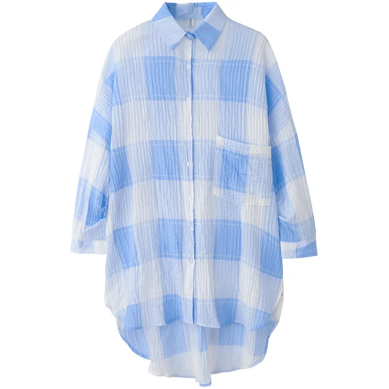 2018 New Fashion Women Large Blue Red Plaid Stripe Half Frill Sleeve Lapel Long Women's Tops blusas blouse |