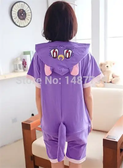 Kawaii аниме Фиолетовый кот комбинезон толстовка пижамы для взрослых Летние