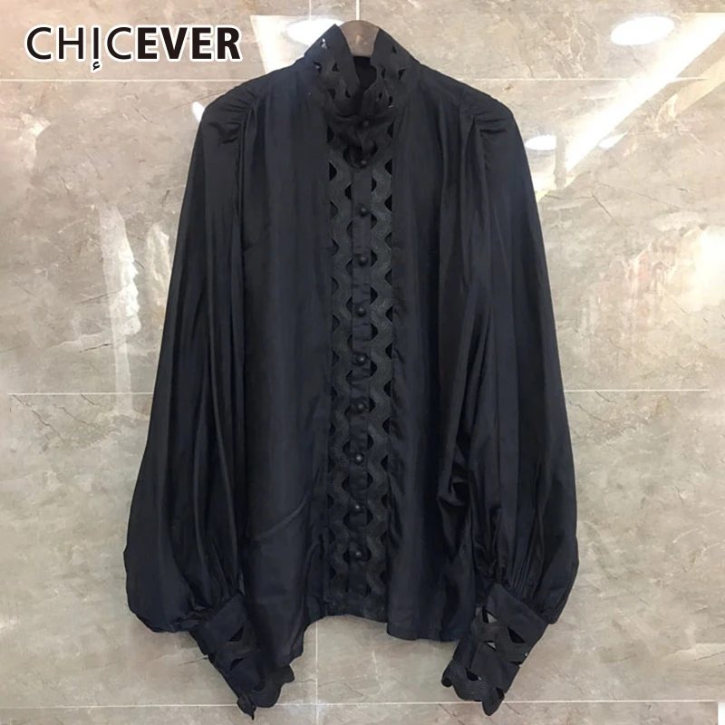 CHICEVER летняя уличная однотонная перспективная открытая женская блузка со стоячим воротником фонарь с длинным рукавом Свободная Женская рубашка