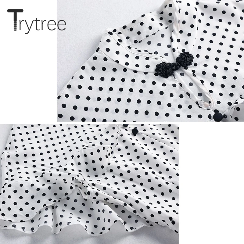 Trytree лето осень Повседневное платье в горошек Мандарин Воротник шаль бабочка рукав женские платья оборки подол высокая улица платье