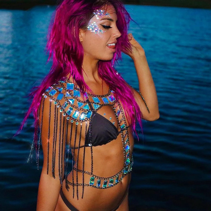 Женский комплект из двух предметов блестящий топ со стразами и цепочкой