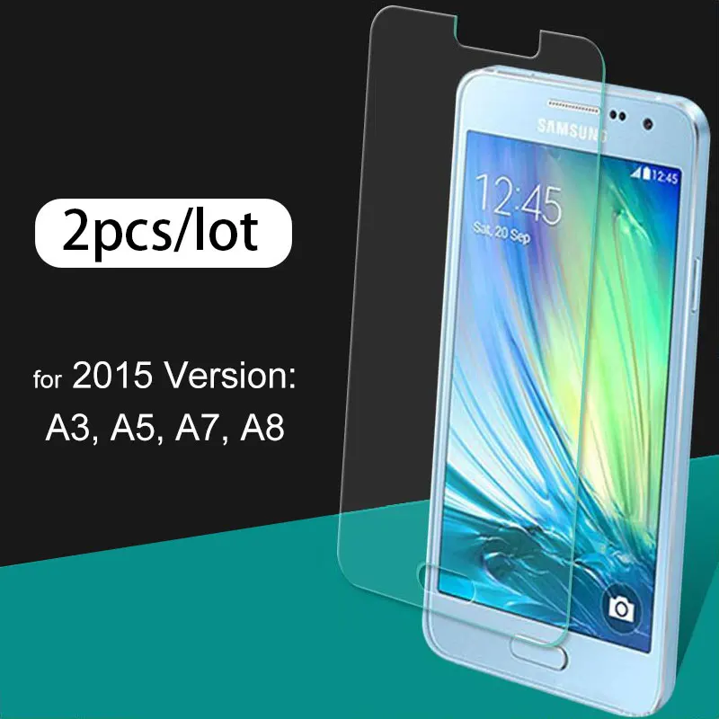 

2 шт., Защита экрана для Samsung Galaxy A3 A5 A7 A8, закаленное стекло, версия 2015, с жесткой упаковкой, высокопрозрачное, 2.5D Arc