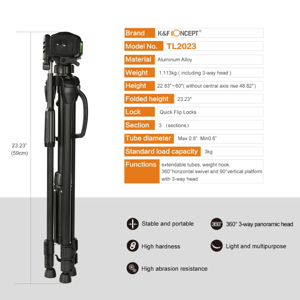 K&ampF CONCEPT Light Pod Extendable Weight Travel Camera Tripod kit + 3 Aluminum Alloy Sections for Canon Nikon DSLR Cameras | Электроника