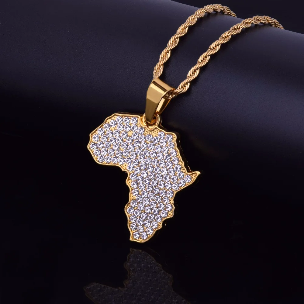Кулон Карта Африки ожерелье Bling горный хрусталь кристалл золотой цвет хип хоп цепь для мужчин/женщин подарок африканские ювелирные изделия