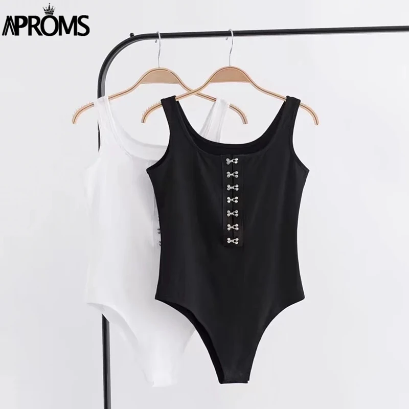 Aproms черный, белый, хлопковый базовый боди для женщин, сексуальный, без рукавов, застежка, кнопка, облегающий, Облегающий комбинезон, комбинезон, уличная одежда, комбинезоны
