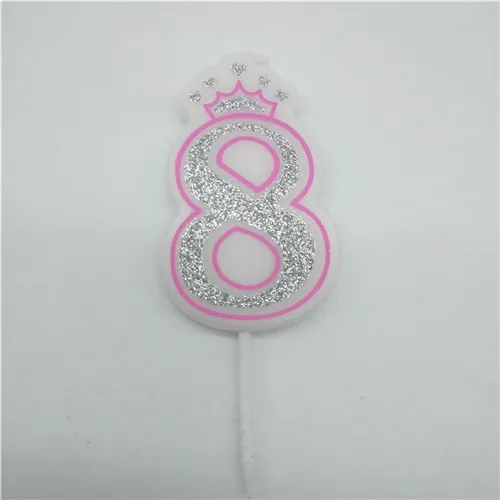 pink 8 Свечи с цифрами 0, 1, 2, 3, 4, 5, 6, 7, 8, 9, блестящие серебристые, розовые, голубые свечи с короной для детей, девочек и мальчиков, украшения для торта для вечеринки на день рождения - Цвет: pink 8