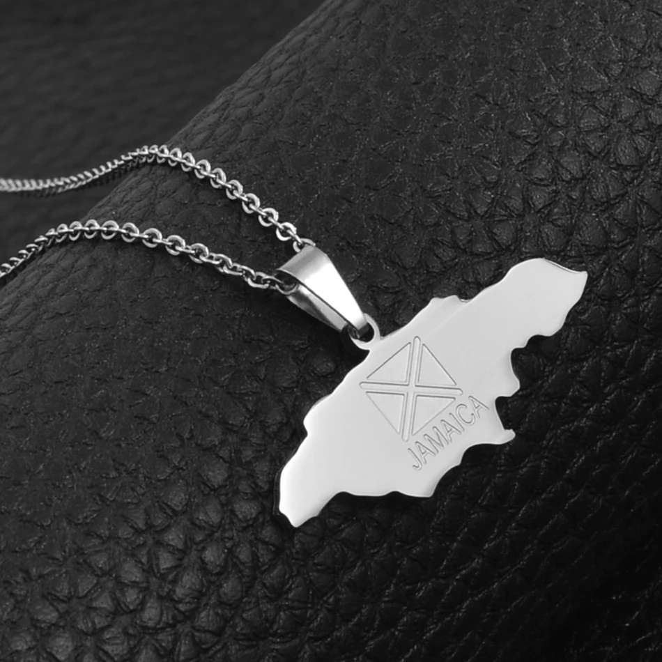 Anniyo Silver Jamaica Map Stainless Steel Pendant and hin Chain Necklaces Jewelry Jamaican Country Gifts #019421P | Украшения и