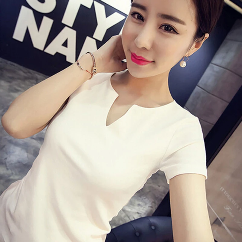 T-shirt Women 2018 Autumn Cotton Female T Shirts V-Neck Solid Tops Casual Basic Lady Tees Plus Size 2XL | Женская одежда