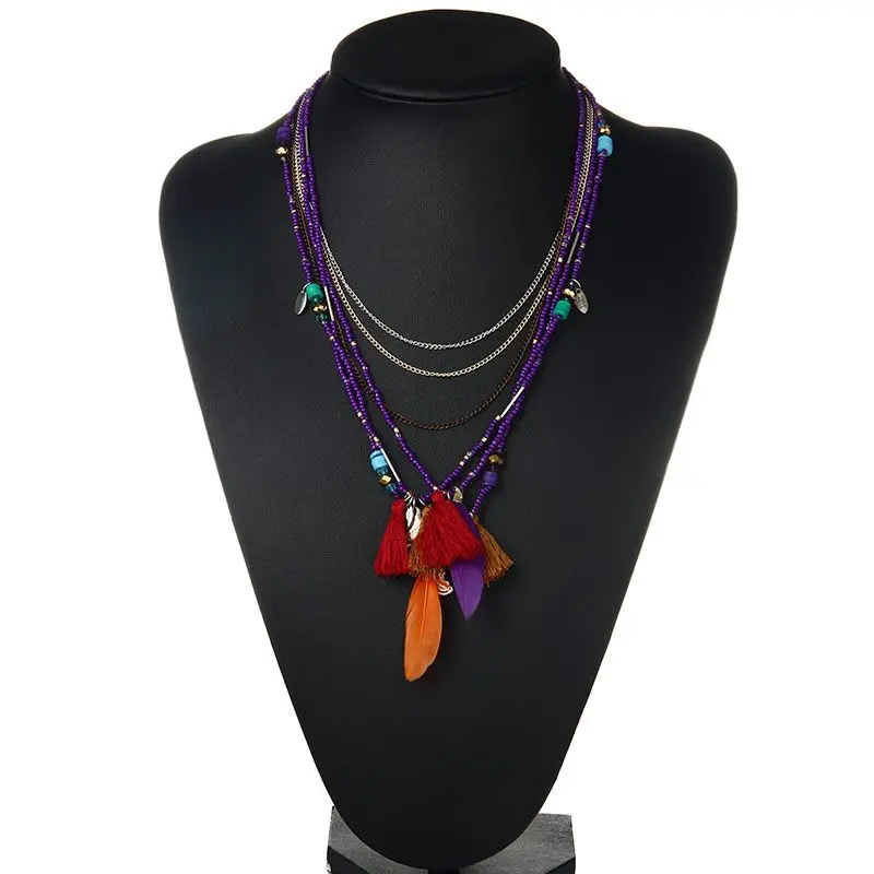 Shineland Multi-Color Feather Necklaces &amp Pendants Beads Chain Statement Necklace Women Collares Ethnic Jewelry Gifts | Украшения и