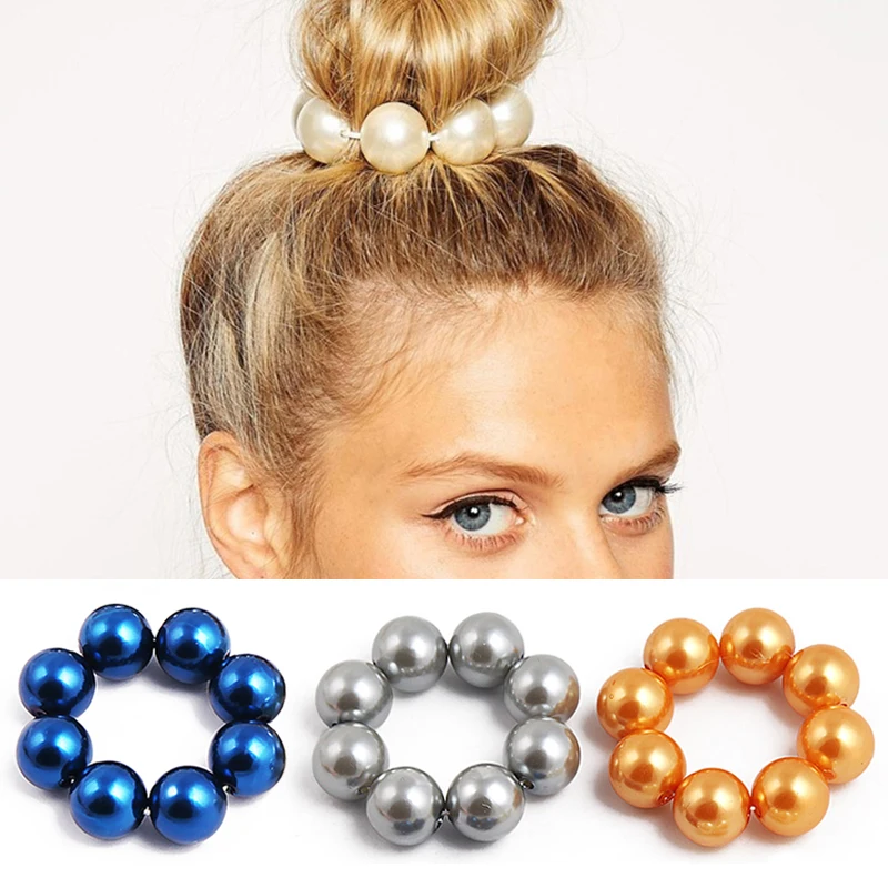 

Elastic Adjustable Hair Rope Valentines Gift 1PC Pearl Beads 4Colors Handmade Big Imitation Pearl