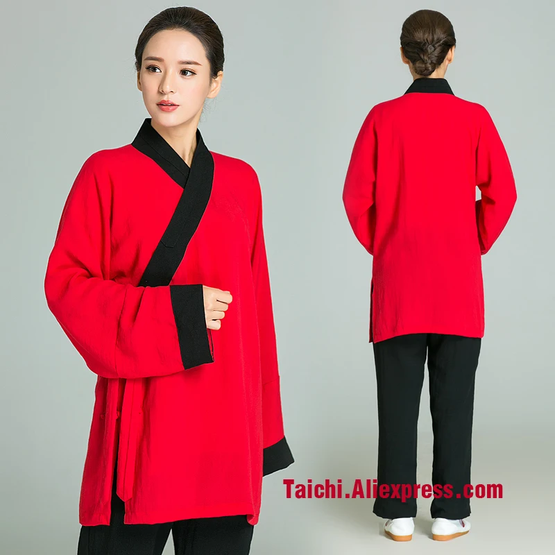 Surplice Handmade Linen Tai Chi Uniform Women  Female Kung Fu martial Art Suit Chinese Stlye Sportswear Red Jacket black Pants