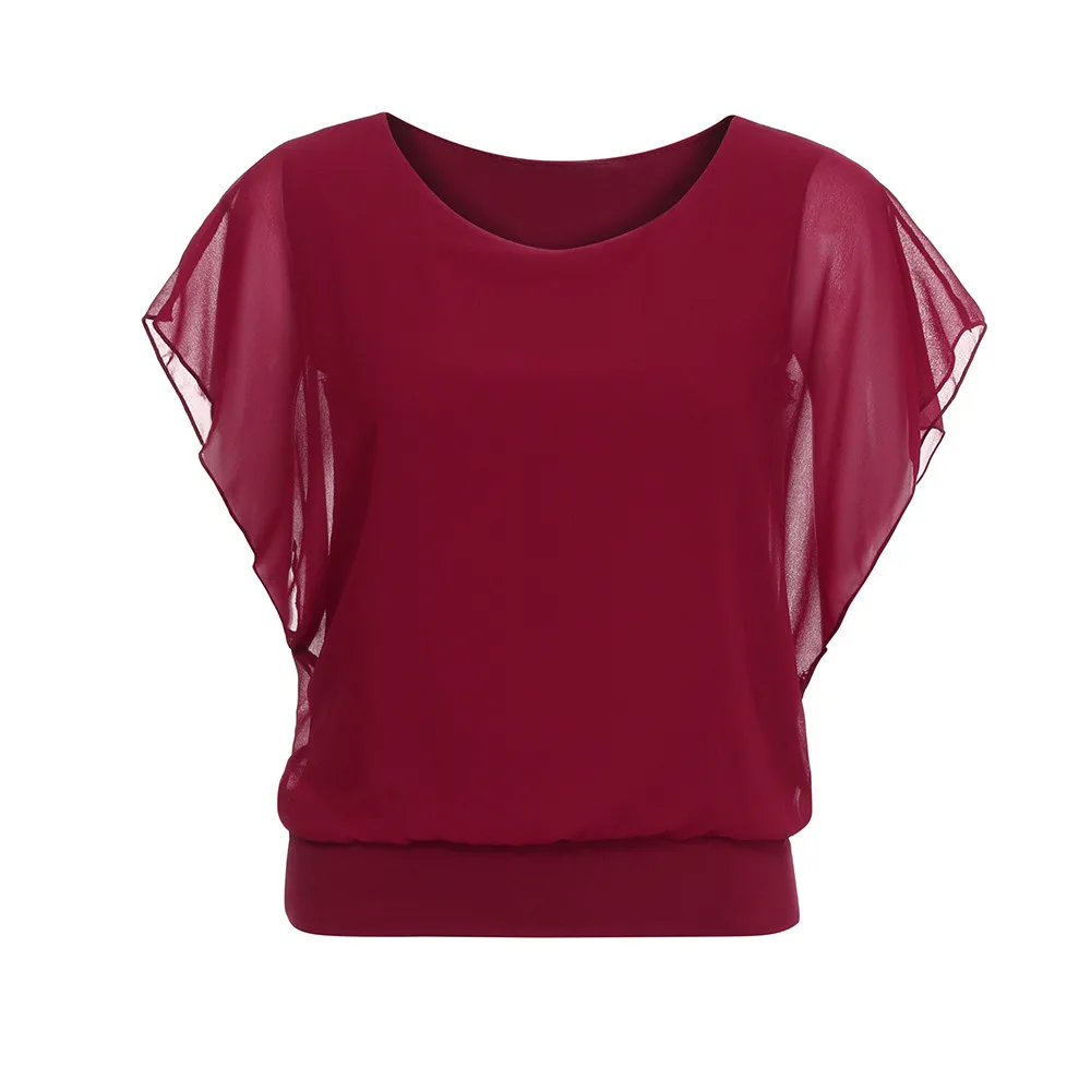 Бургундия Женская блузка больших размеров, Blusas elegantes de mujer, однотонные повседневные свободные Модные топы из тонкой плотной ткани с круглым вырезом и короткими рукавами «летучая мышь», L* 5 - Цвет: Бургундия