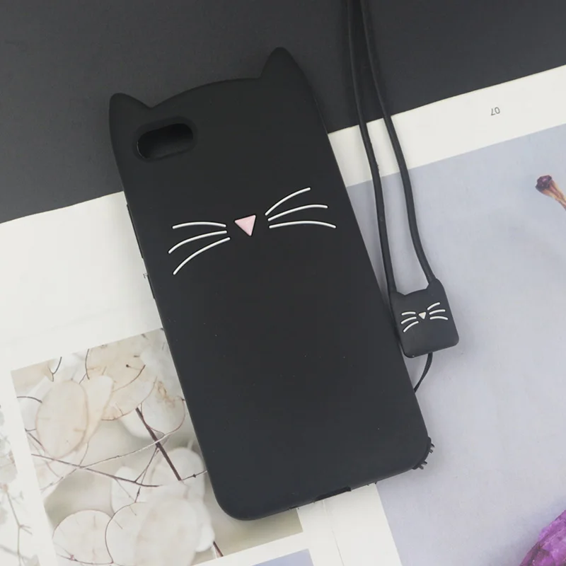 HuxuBlack With Rope Милый 3D мультяшный силиконовый чехол для huawei Honor 7 S, чехол, Япония, блестящая борода, кошка, крышка в виде кошечки с милыми ушками для Honor7S 7 S - Цвет: HuxuBlack With Rope