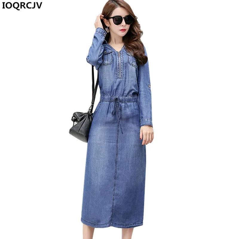 Женское джинсовое платье с длинным рукавом и V образным вырезом|plus size dress|women denim