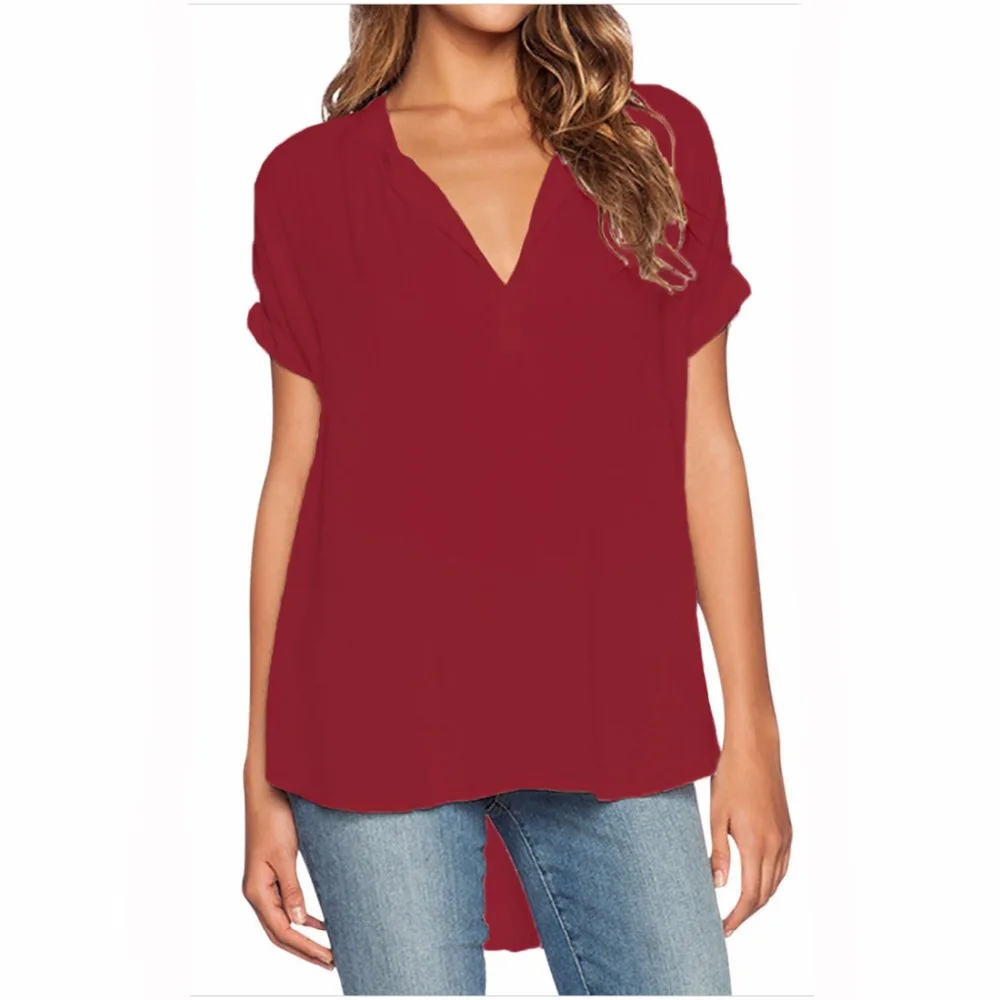 Women Summer Chiffon Tees Solid Simple V-neck Short Sleeve Loose Tops MT1443 | Женская одежда