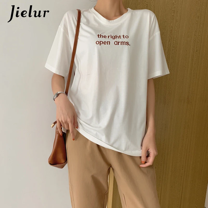 Jielur Женская Футболка Harajuku свободная вышитая с буквами женская круглым вырезом