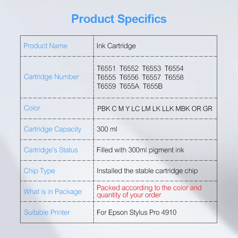 Картридж T6551-T6559 T655A T655B заполненный пигментными чернилами для Epson Stylus Pro 4910 300 мл/уп.