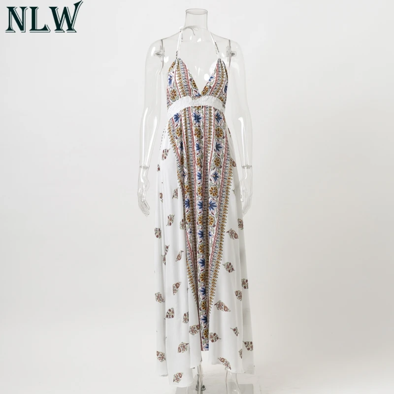 NLW White Print Maxi Dress V Neck Halter Summer 2018 Women Spaghetti Strap Sexy Long Chic Beach Party Girl Vestidos | Женская одежда