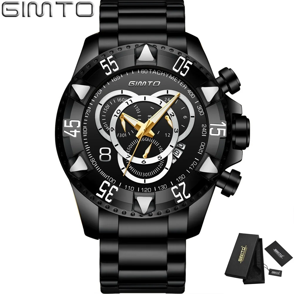 Black Box GIMTO, роскошные брендовые золотые мужские часы, золотые, нержавеющая сталь, водонепроницаемые, большой циферблат, мужские наручные часы, Япония, кварцевые, деловые часы, подарок - Цвет: Black Box