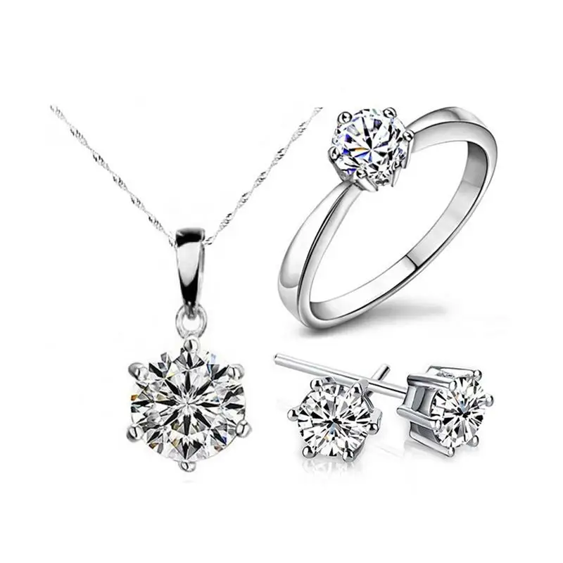 Модный женский ювелирный набор, ожерелье с кулоном из кубического циркония с шестью когтями, серьги с кристаллами, кольцо, серебряный набор для свадебного подарка