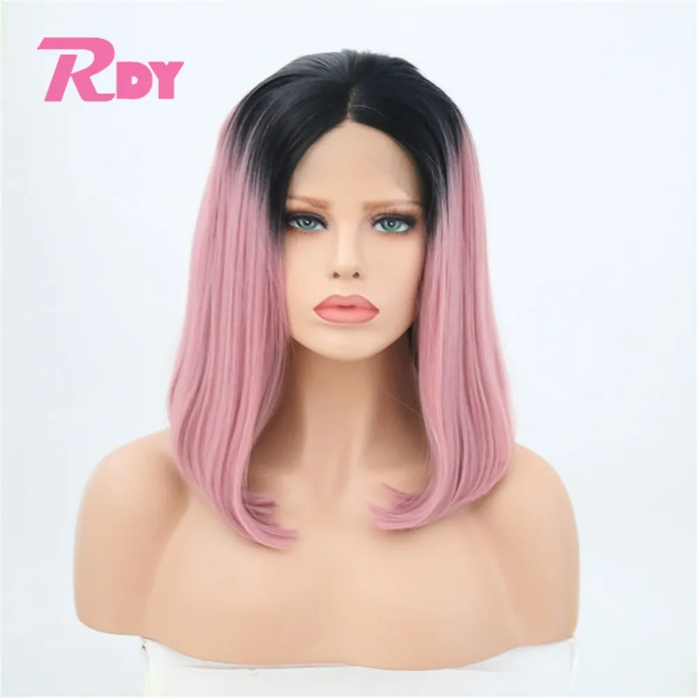 RONGDUOYI Ombre Black Pink Short Synthetic Lace Front Wig Middle Part Two Tone Color Bob Wigs for Women | Шиньоны и парики