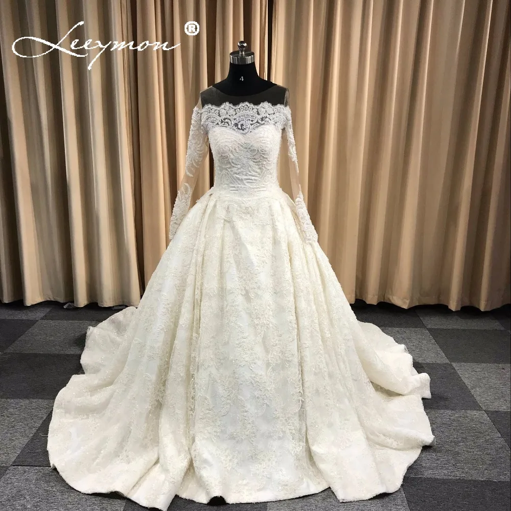 2019 New Luxury Lace Beaded Wedding Dress Long Bridal Ball Gowns Full Sleeves Retro Gown Robe de Mariee | Свадьбы и торжества