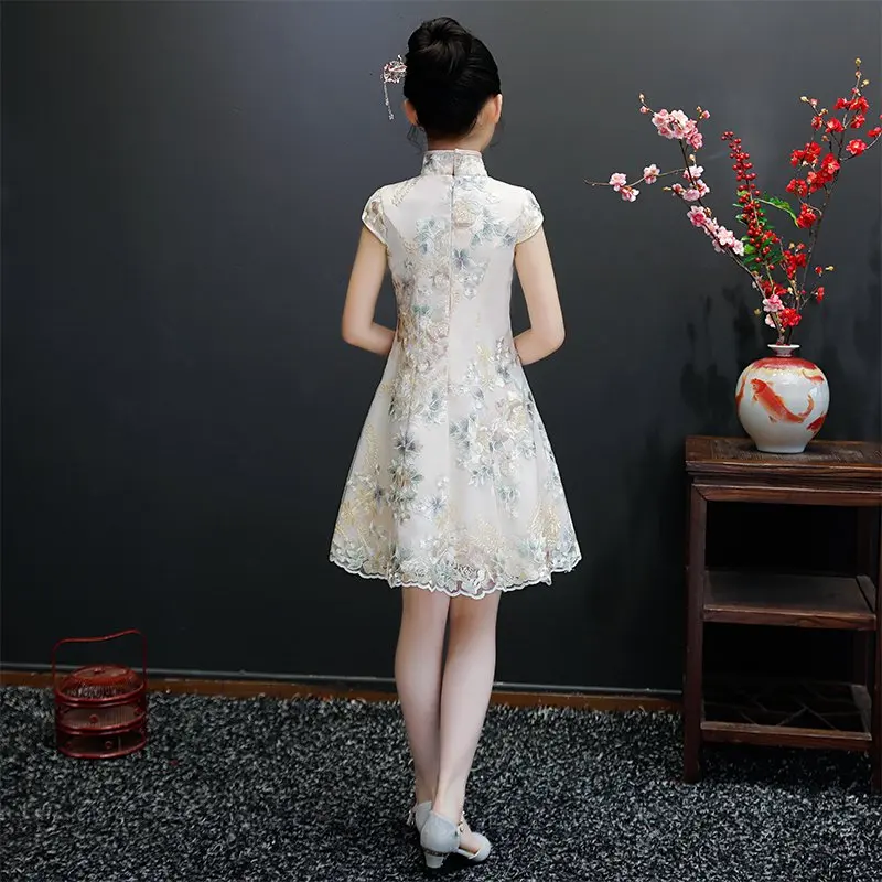 Oriental girls costumes for children party dress kids chinese qipao lace flower a-line Mandarin collar stage clothes | Детская одежда и