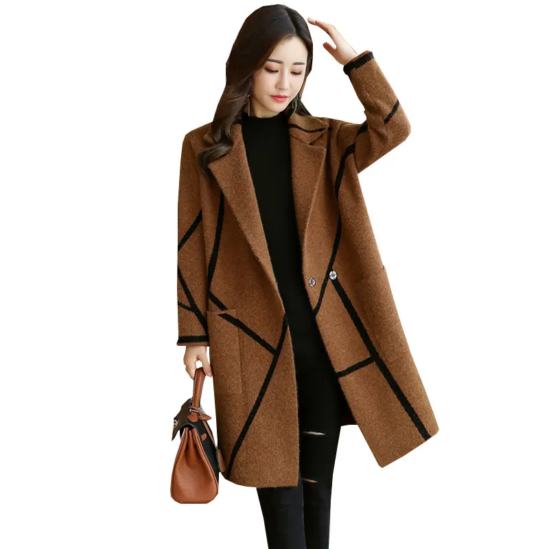 Plaid Knit Autumn Winter Wool Coat Women Korean 2018 New Large size Womens Coats Woolen Jacket manteau long femme hiver WZ544