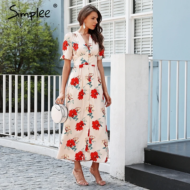 Simplee Floral print summer dress long V neck knotted short sleeve maxi women Streetwear button beach casual 2018 | Женская одежда