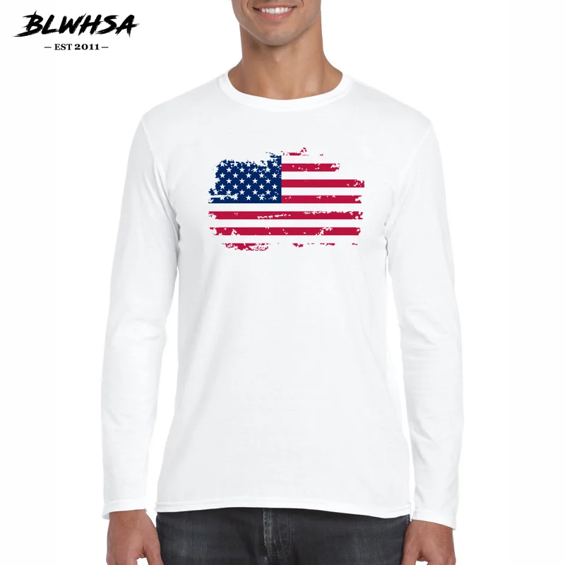 BLWHSA American Men T Shirts Fashion Brand Round Neck USA Flag Print Long Sleeve Cotton Casual T-shirt White big Size 2XL | Мужская