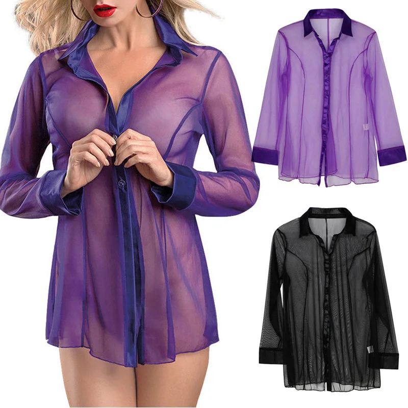 Ladies Blouse Black/Purple Tops See Through Women's Long Sleeve Club Sheer Shirt Nightwear S-2XL |