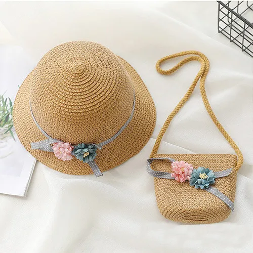 small flower coffee Соломенная красивая шляпа с цветочным рисунком для маленьких девочек, летняя шляпа для девочек, пляжная шляпа с козырьком, соломенная сумка, комплекты из двух предметов - Цвет: small flower coffee