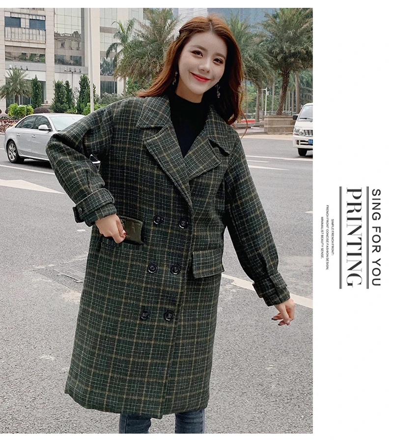 Zoki Loose Plaid Women Long Wool Blend Coat Fashion Winter Warm Jacket Elegant Double Breasted Autumn Fleece Outwear Plus Size
