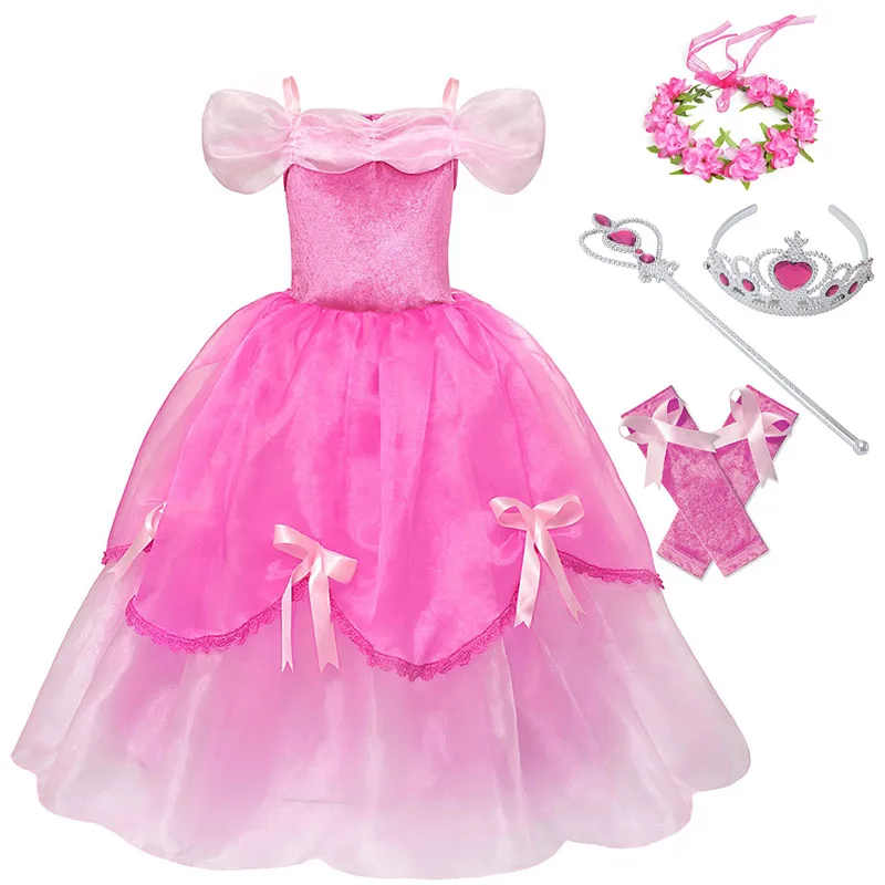 Dress Set -1 Детское розовое летнее праздничное платье с открытыми плечами и перчатками; карнавальный костюм Спящей красавицы Авроры для девочек; рождественское бальное платье; платье - Цвет: Dress Set -1
