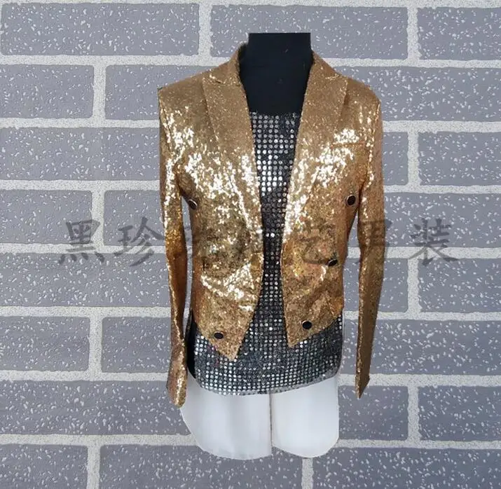 Men Magic Tuxedo Suits Masculino Homme Stage Costumes For Singers Men Sequin Blazer Dance Clothes Jacket Star Style Dress Gold