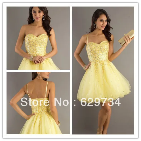 Yellow A Line Sweetheart Spaghetti Straps With Beading Dresses New Fashion Homecoming Sequins-VPS3FJY3A | Свадьбы и торжества