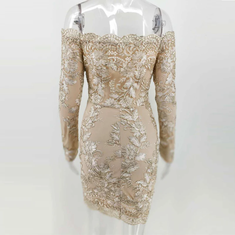 платья сетки с вышивкой Золотые Bodycon женские открытыми плечами кружевные Винтаж