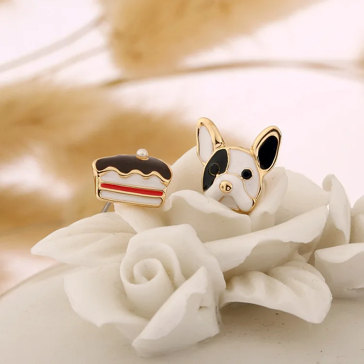 Милые серьги-гвоздики в форме французского бульдога и торта для девочек из