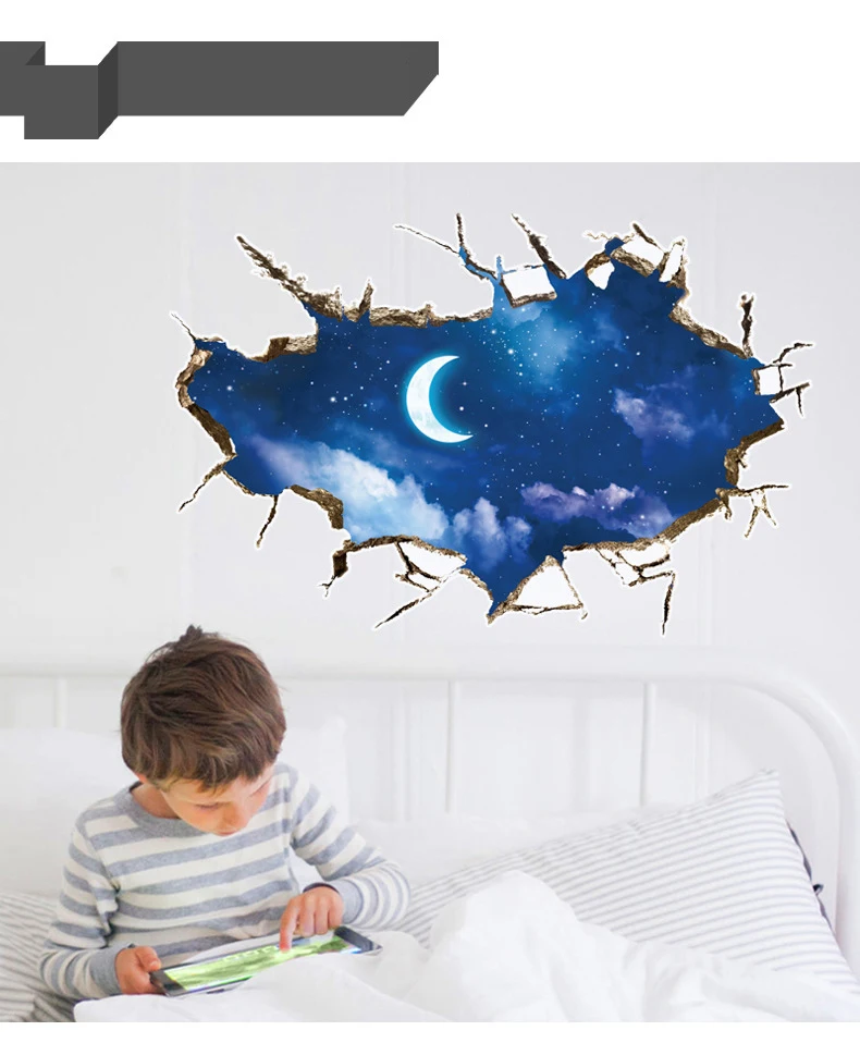

3D breaking the wall Moon night sky landscape wall stickers bedroom header personality TV Background murals