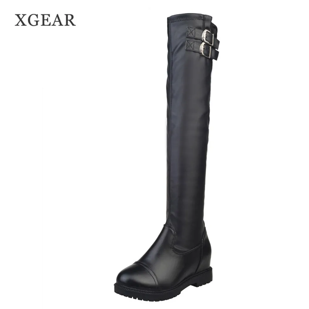 Xgear 2017 Новинка зимние ботинки одноцветное Цвет ботфорты круглый носок пряжка