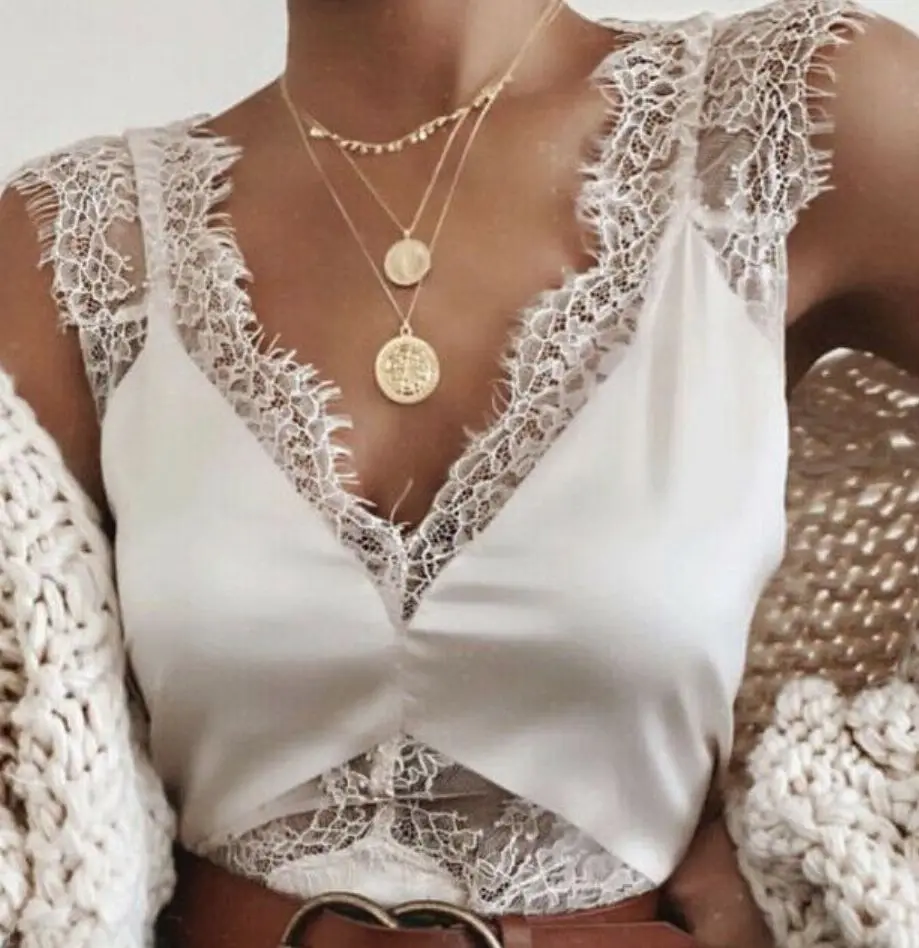 Женский кружевной топ без рукавов повседневный однотонный на бретельках с v