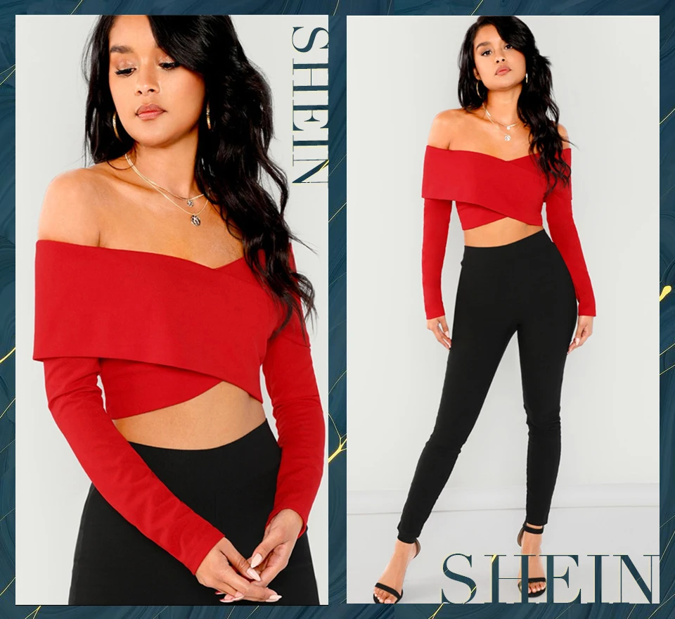 SHEIN Блузка С Открытыми Плечами На Молнии Женский Красный Весенний Сексуальный Топ С Длинными Рукавами