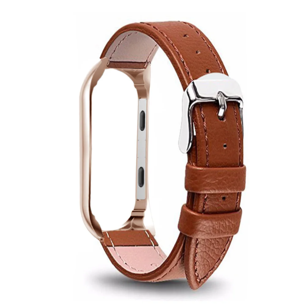 rose gold-lightbrown Mi Band 3 4 Металлический ремешок без винтов из нержавеющей стали для Xiaomi Mi Band 4 3 Кожаный ремешок Miband 4 3 Браслеты Pulseira pu - Цвет: rose gold-lightbrown