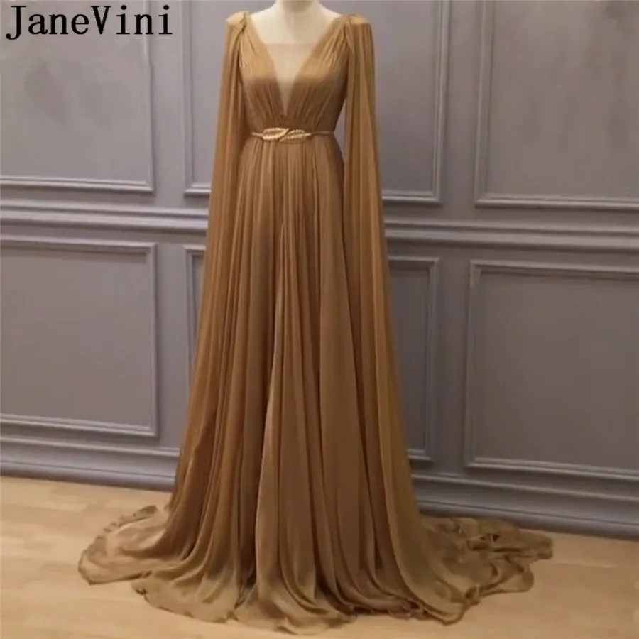 

JaneVini Saudi Arabia Long Cape Evening Dresses With Gold Sash Chiffon V-Neck Formal Evening Gown Elegant Party Dress Lange Jurk