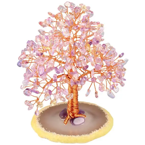 Amethyst Citrine Кристальная Рождественская денежная елка на натуральном агатовом слое, ручная работа, каменная фигурка бонсай, украшение для богатства и удачи - Цвет: Amethyst Citrine