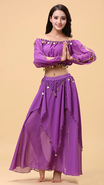 Purple 2 шт. костюм Болливуд набор костюма для танца живота Индийский танец сари танец живота юбка костюм женский шифон 2 шт.(топ юбка - Color: Purple
