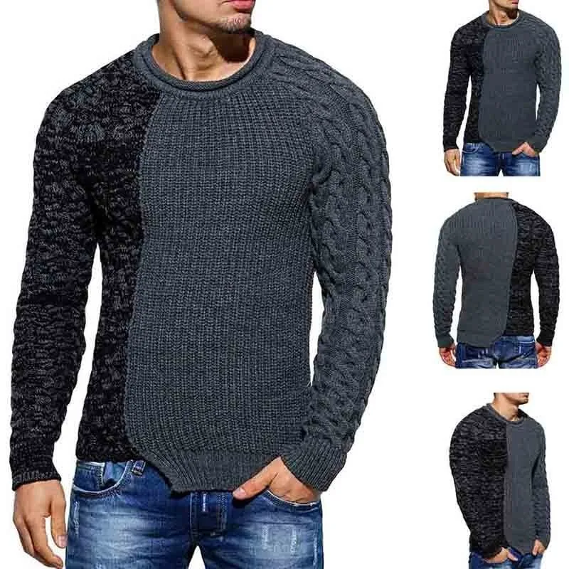 2021 Autumn New Men's Slim Fit Sweaters Pullover Male High Street Knitted Sweater Tops Patchwork O-Neck Knitwear Pullovers | Мужская