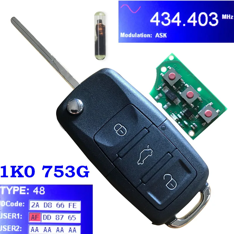 1J0 959 753G откидной дистанционный ключ брелок 433 МГц с чипом ID48 для Volkswagen 1J0959753G